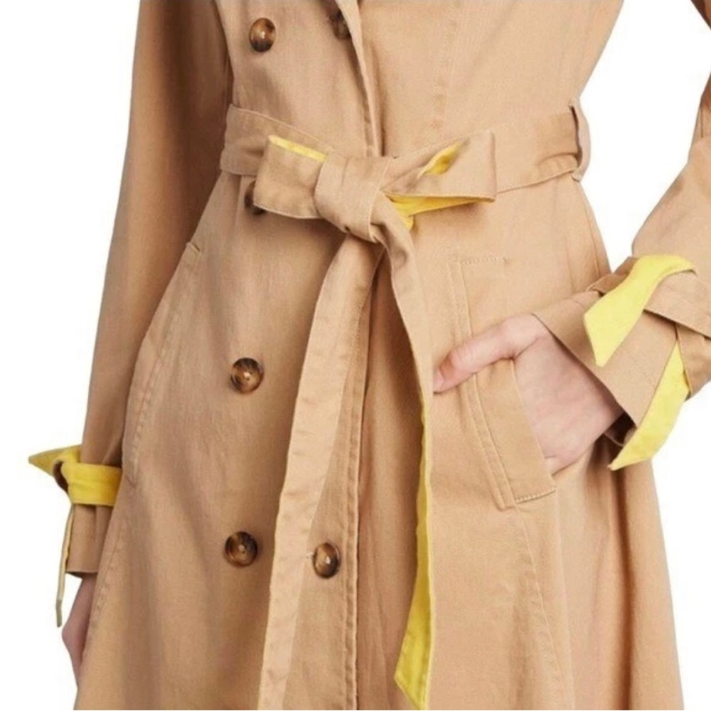 ModCloth Colorblock Contrast Double Breasted Pleated Tan Yellow Trench Coat M - Picture 3 of 16